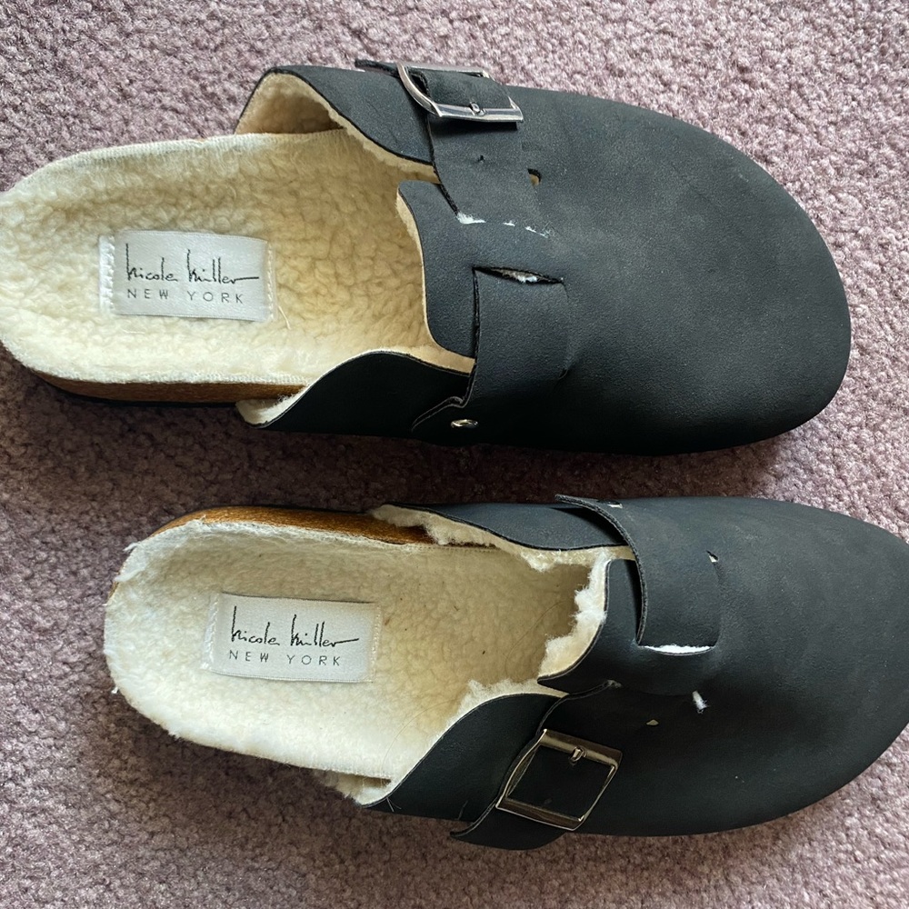 Black suede size 8 slip on clogs. Lined w/ fur. New/no tags.like Birk Bostons.